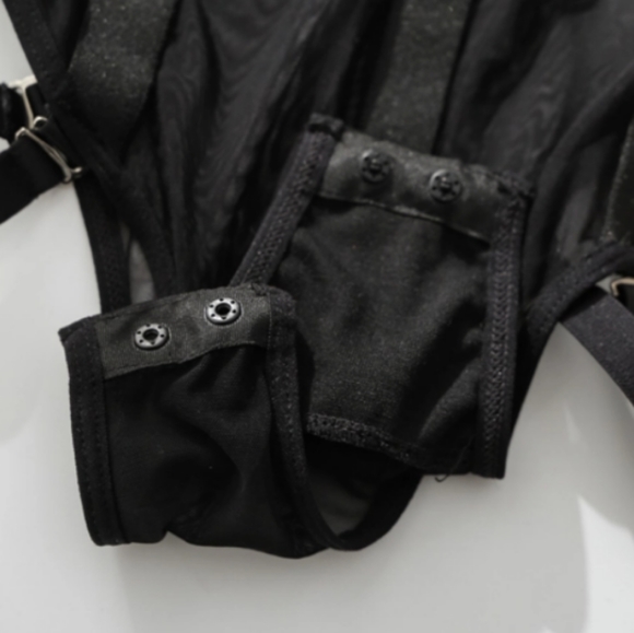 NWT CALLIOPE Strappy Black Bodycon Mesh Bodysuit with Garters Lingerie Goth - Picture 11 of 12